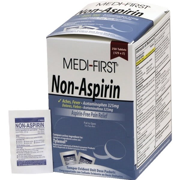 Non Aspirin,(acetaminophen)
250/box, 125packs/2 per pack