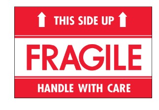 Label, Fragile, handle with  care, this side up, red and 