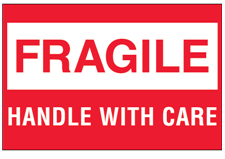Label, &quot;Fragile Handle w/Care&quot; 2&quot;x3&quot;, Red/White,