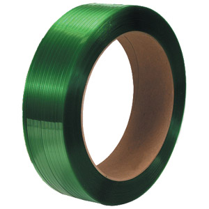 Green Polyester Strap, SMOOTH,
5/8x4000 x.040, 16x6 core,
28/sk, 1600# break strength