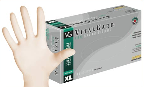 Gloves, Vinyl, Clear, 3Mil Sz. 
M,
Vital Guard Powder Free,
Smooth Grip, 100/bx, 10
bx./Cs. 